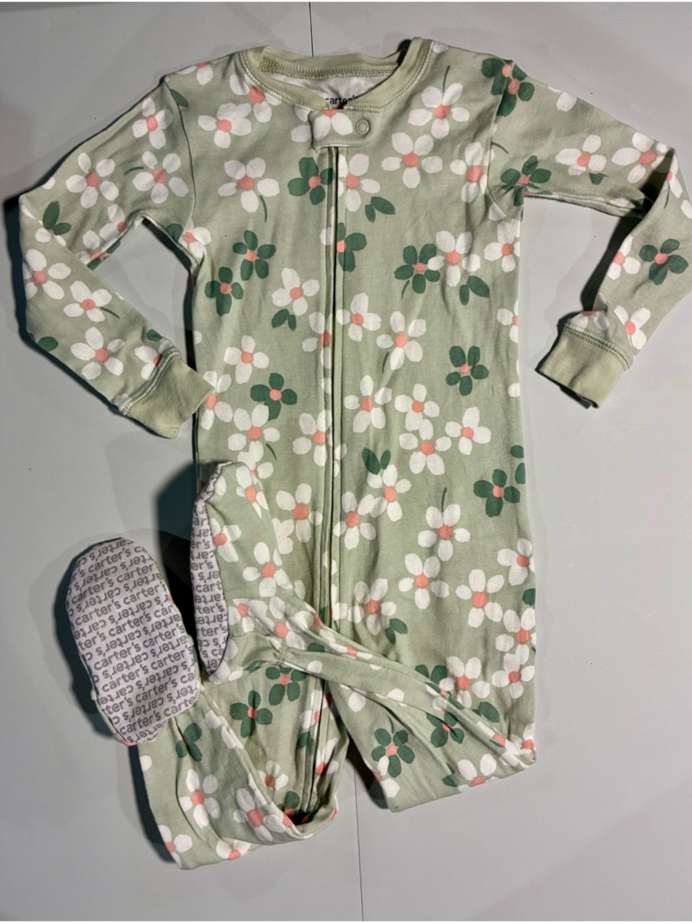 Carter's Green Floral Footed Zip One-Piece